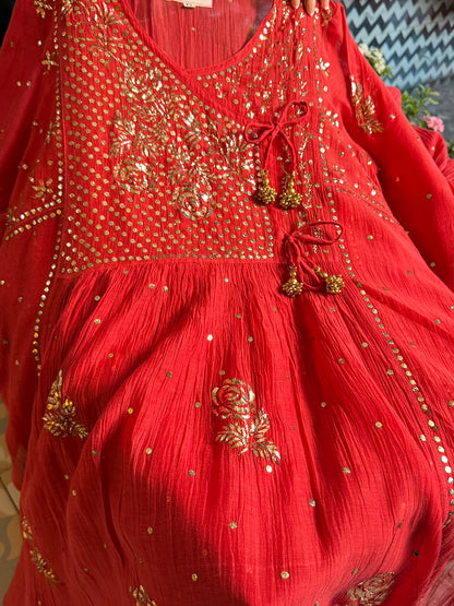 Red Mukaish Kamdani Mul Chanderi Angarkha