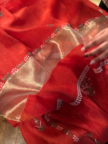Saman Tomato Red | Malmal Mukaish Kamdani Chikankari Stitched Kurta Dupatta Set