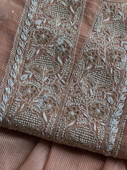 Almond Peach Shade Banarasi Zari Chanderi Unstitched Chikankari Fabric