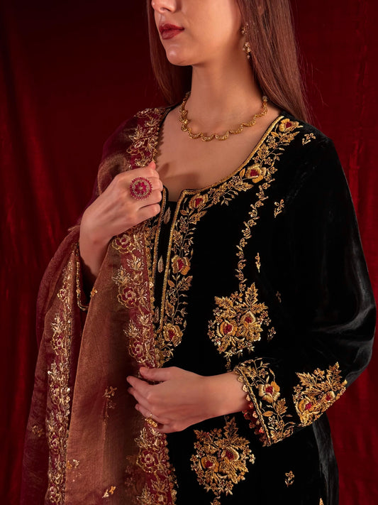 Jet Black Shade | Saman Velvet Ready To Wear Kurta Set