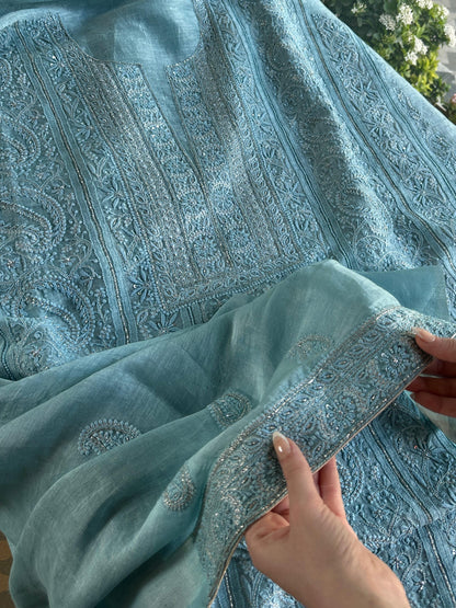 Sky Blue Shade Linen Silk Chikankari With Ari Work Unstitched Kurta Dupatta Set