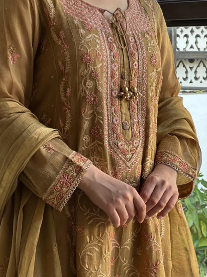 Mustard Shade Tissue Silk Chikankari Anarkali With Ari Work
