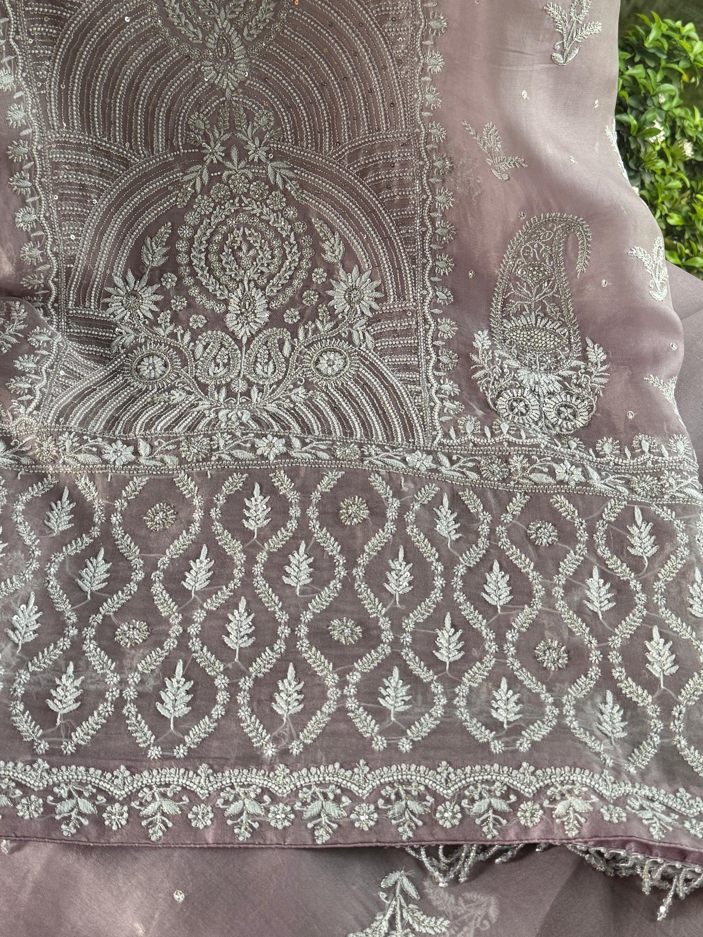 Old Lavender Shade Noor Banarasi Organza Chikankari Unstitched Fabric