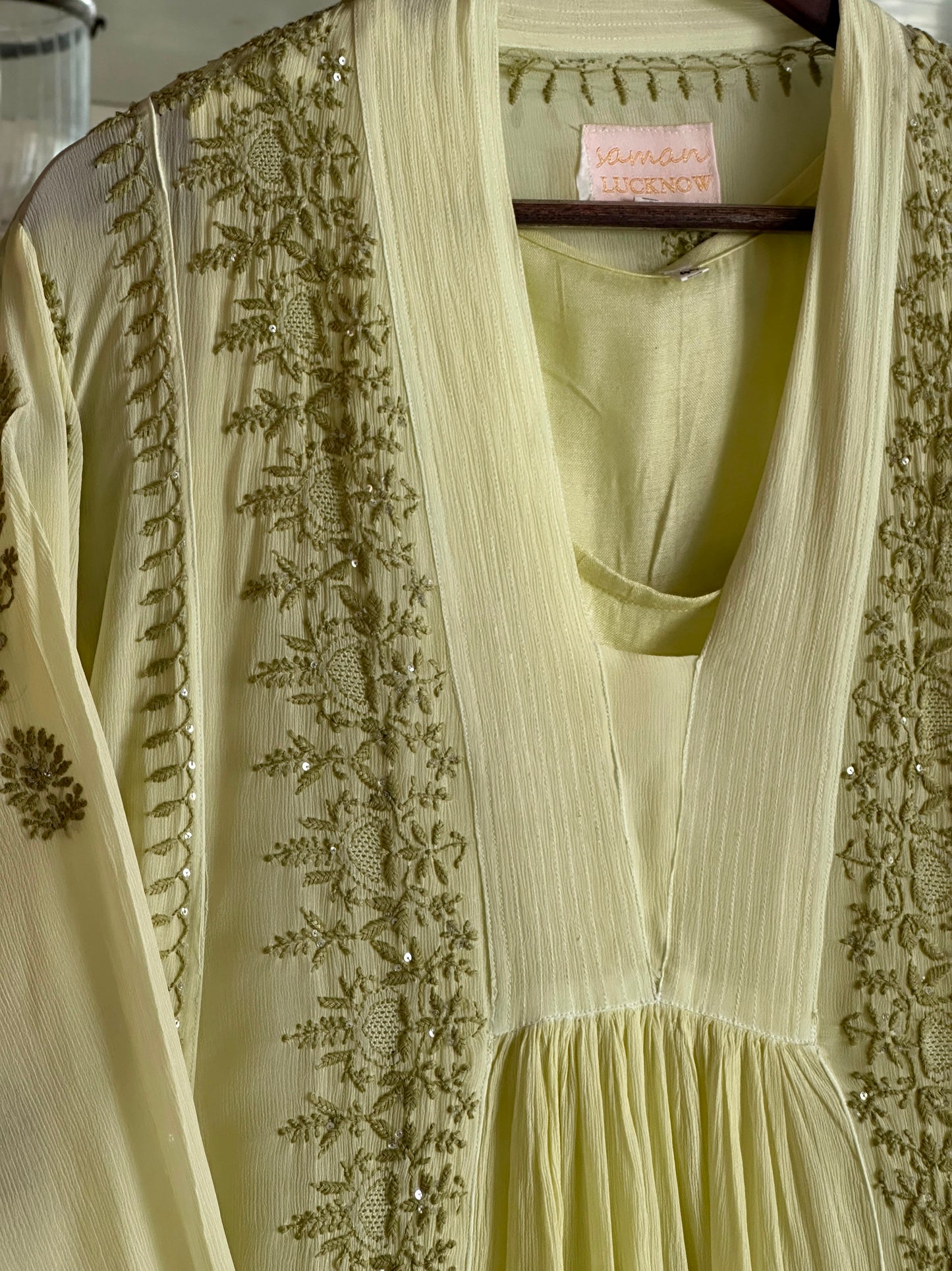 Pista Green Chiffon Chikankari Kurta with Lace Detailing