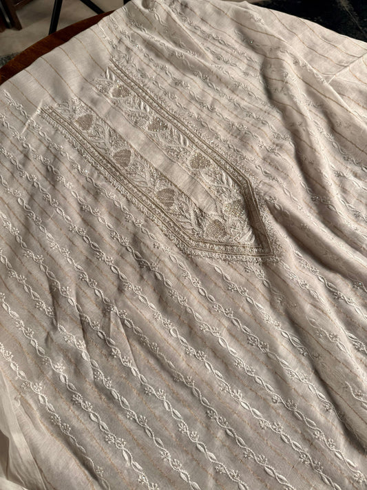 White Zari Chanderi Unstitched Men’s Kurta Fabrics