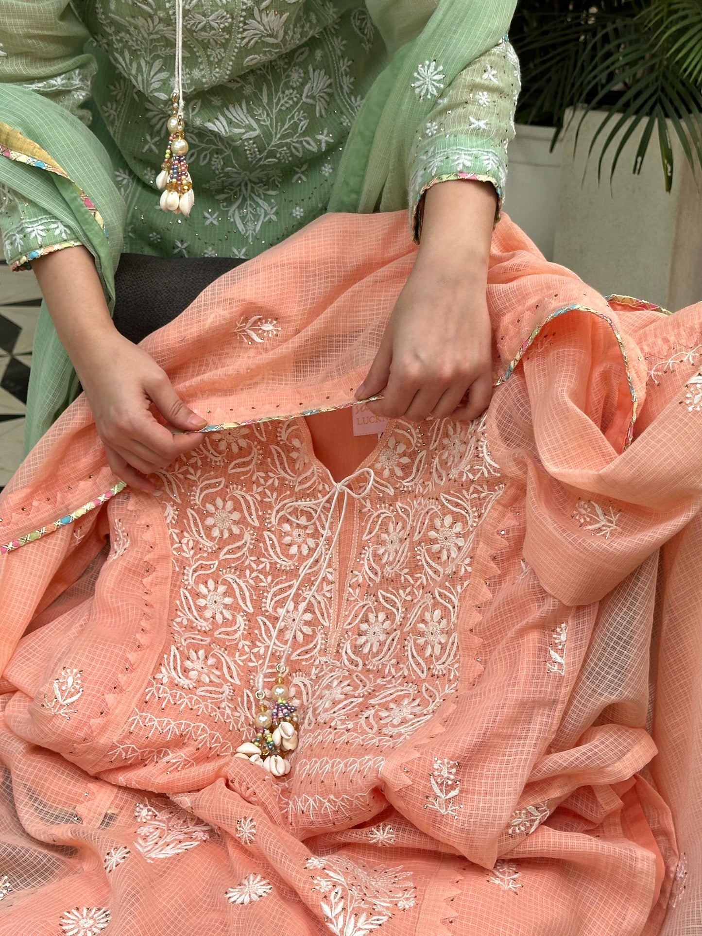 Peach Shade Kota Applique Chikankari Kurta Dupatta Set