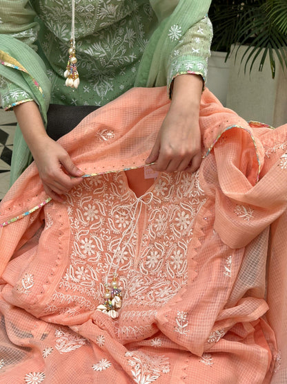 Peach Shade Kota Applique Chikankari Kurta Dupatta Set