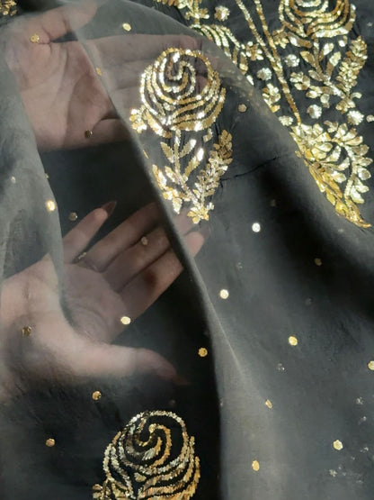 Jet Black | Noor Organza Silk Chikankari Unstitched Kurta Dupatta Set