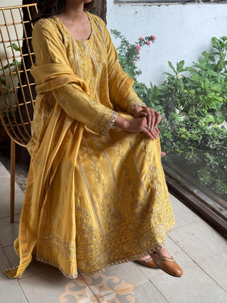 Gold Yellow Moonga Silk Chikankari Anarkali With Dupatta