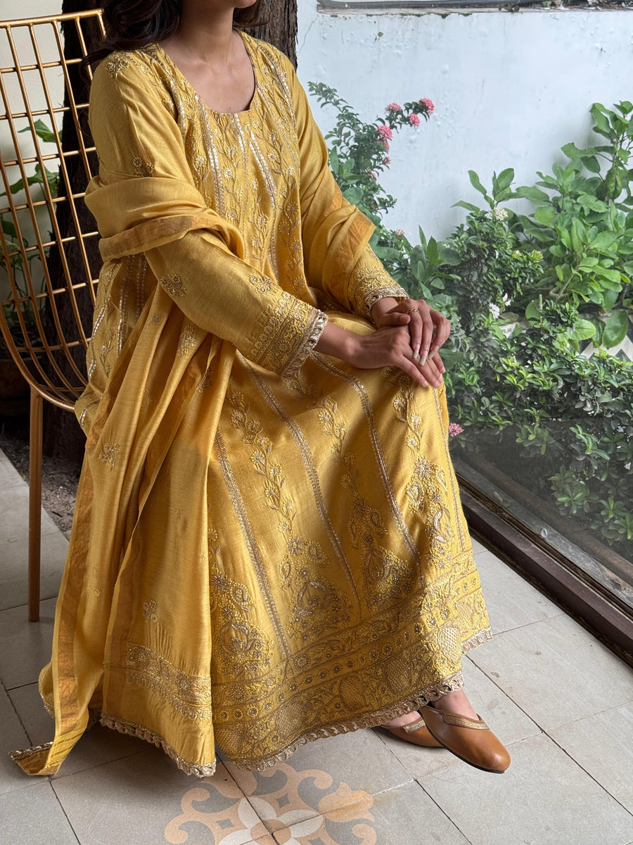 Gold Yellow Moonga Silk Chikankari Anarkali With Dupatta