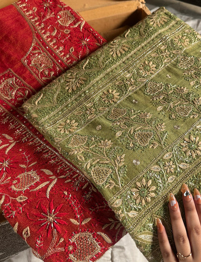 Green Tissue Silk Chikankari Unstitched Fabric