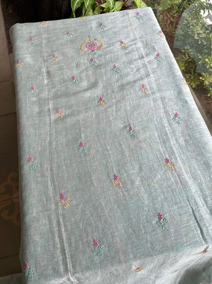 Pastel Mint Shade Rasm Silk Chikankari With Ari Work Unstitched Kurta Dupatta Set