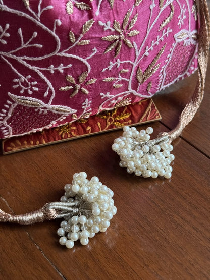 Plum Pink Silk Chikankari Ari & Kasab Work Potli Bag
