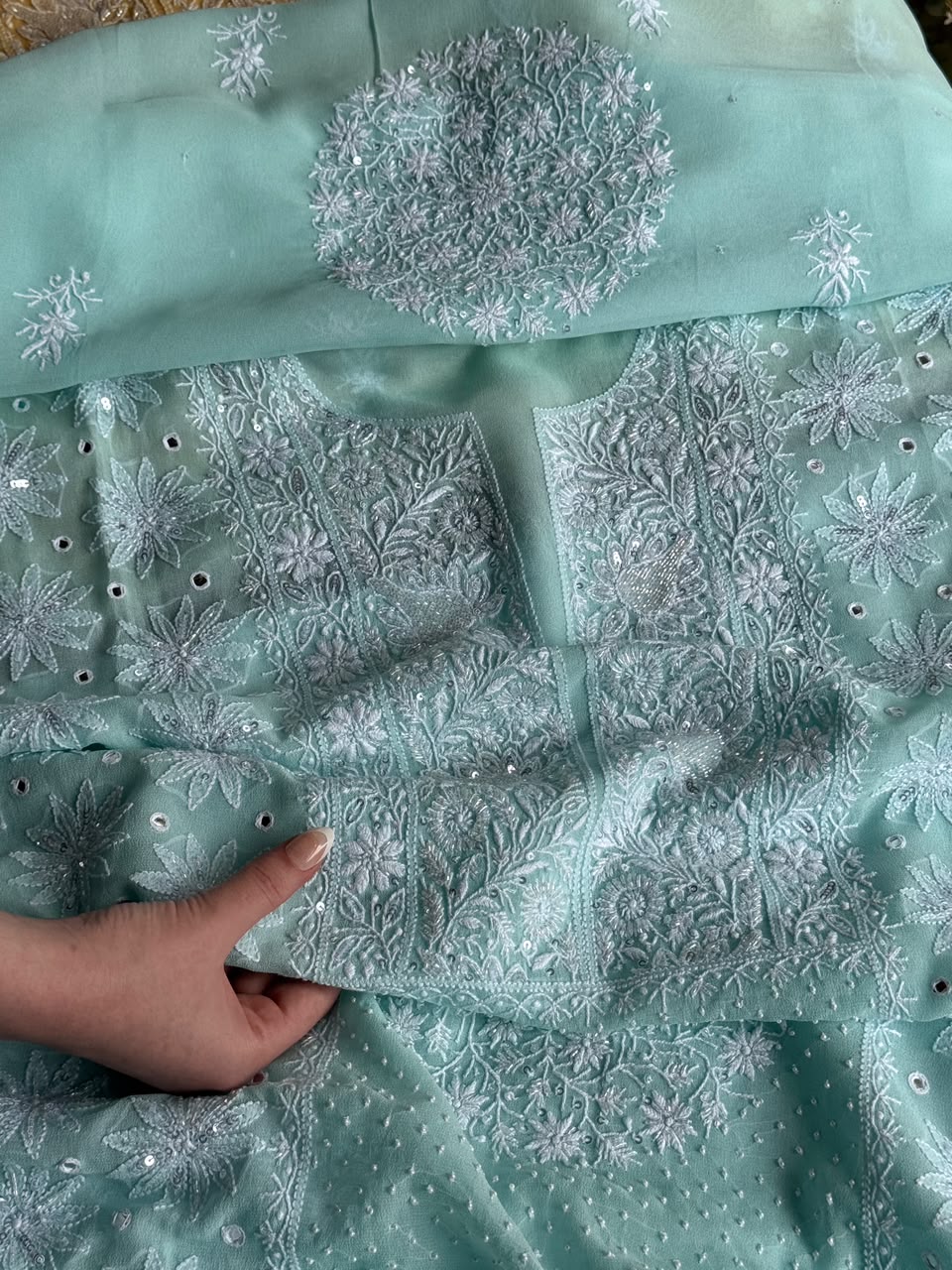 Aqua Green shade Georgette Mirror Work Chikankari Kurta Dupatta Set