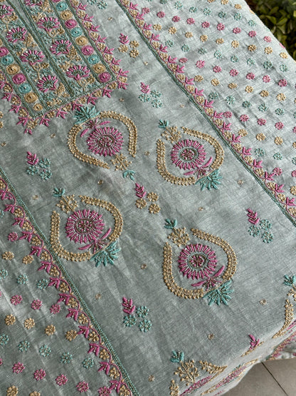 Pastel Mint Shade Rasm Silk Chikankari With Ari Work Unstitched Kurta Dupatta Set
