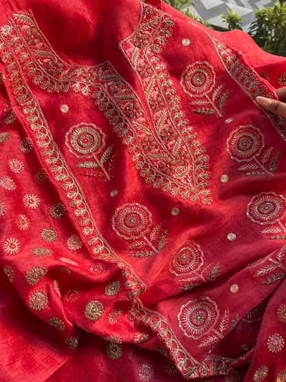 Brick Red Linen Silk Chikankari With Ari Work Unstitched Kurta Dupatta Set