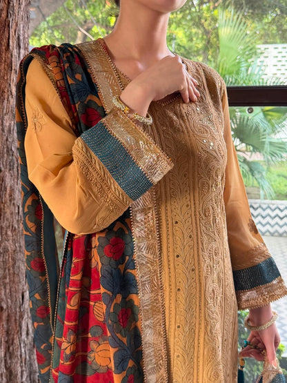 Turmeric Yellow Chikankari Pure Georgette Churidar Set with Kalamkari Dupatta