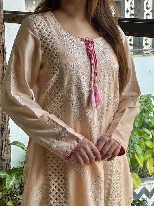Soft Beige Chanderi Daraz Applique Chikankari Mukaish Kurta Dupatta Set