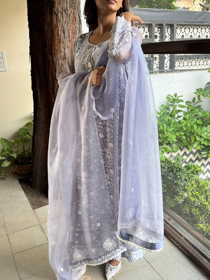 Mauve Blue Shade Cutwork Noor Organza Chikankari Anarkali