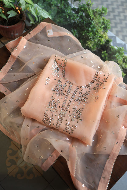 Peach Shade Noor Organza Silk Badla Unstitched Kurta Dupatta Set