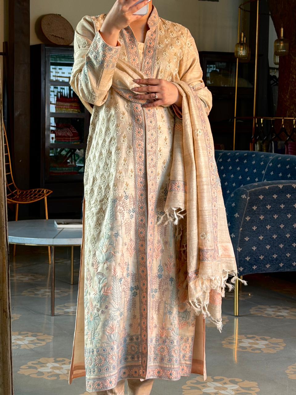 Intricate Natural Tussar Silk Chikankari RTW Jacket Set