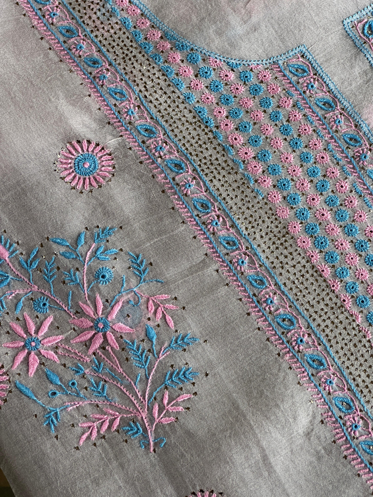 Dusty Lilac Multi Shade Organza Silk Chikankari Unstitched Fabric
