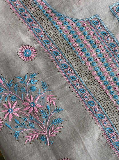 Dusty Lilac Multi Shade Organza Silk Chikankari Unstitched Fabric