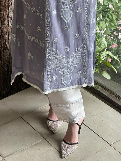 Grey Shade Malmal Mukaish Kamdani Chikankari Kurta Set