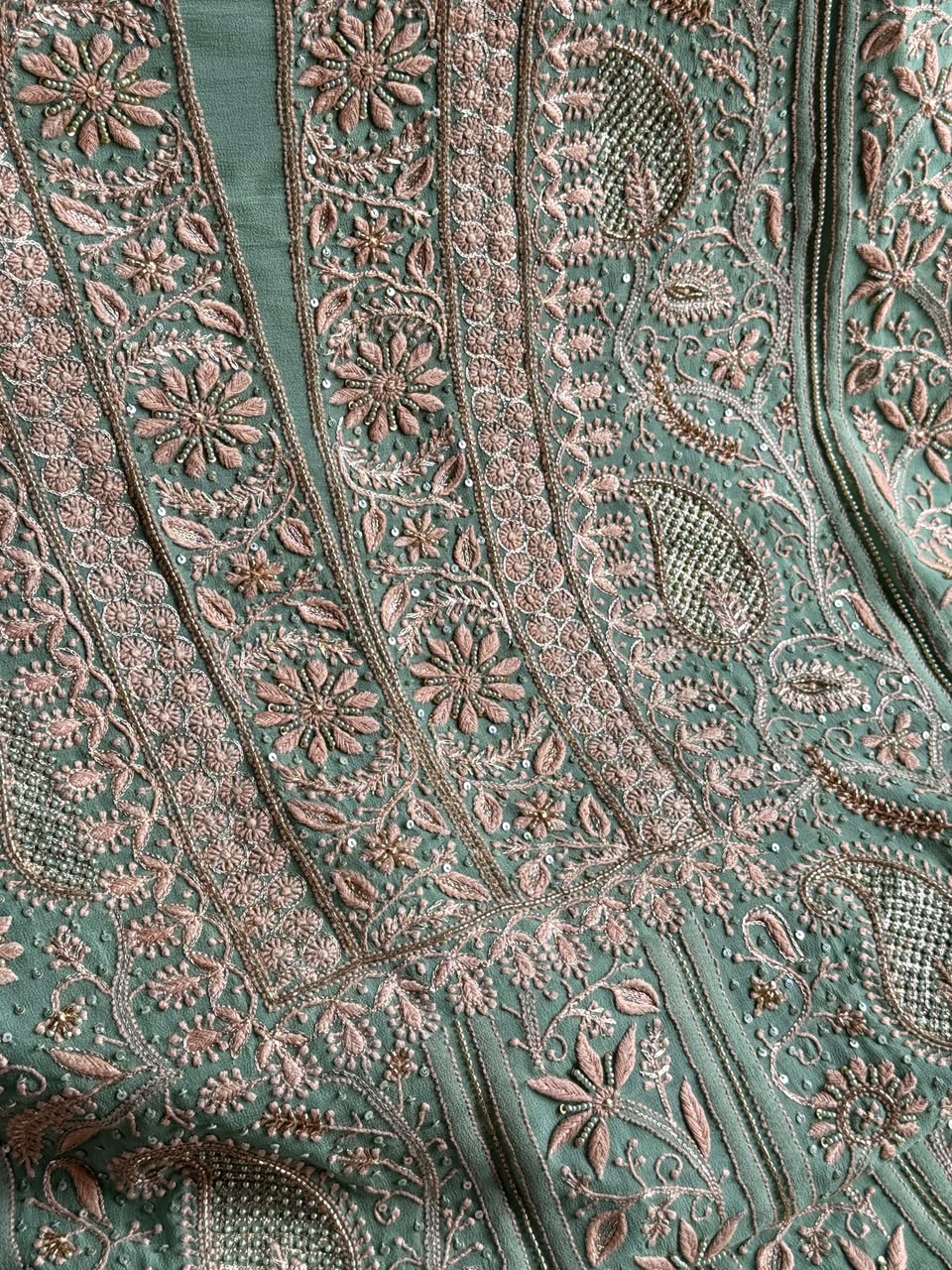 Green Superfine Pure Georgette Chikankari Kurta Set