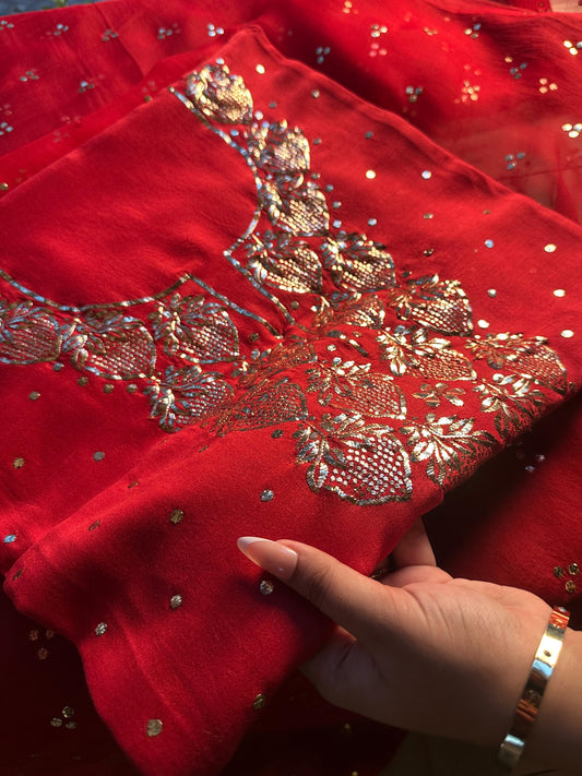 Red Chanderi Silk Mukaish Badla Unstitched Fabrics