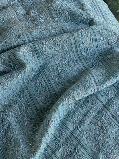 Sky Blue Shade Linen Silk Chikankari With Ari Work Unstitched Kurta Dupatta Set