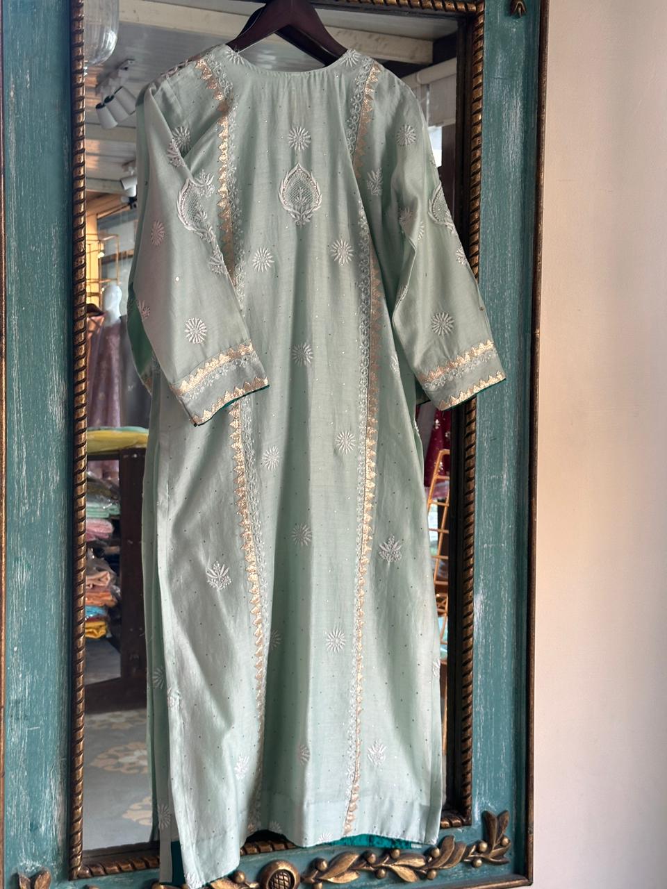 Sea Green & Teal Shade Chanderi Daraz Applique Chikankari Mukaish Kurta Dupatta Set