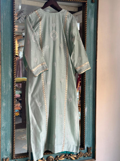 Sea Green & Teal Shade Chanderi Daraz Applique Chikankari Mukaish Kurta Dupatta Set