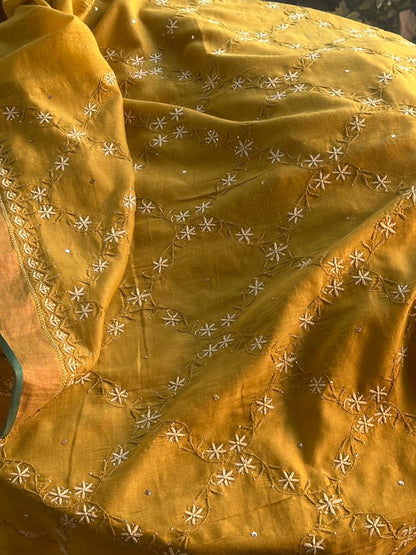 Mustard Yellow Shade Chanderi Chikankari Saree