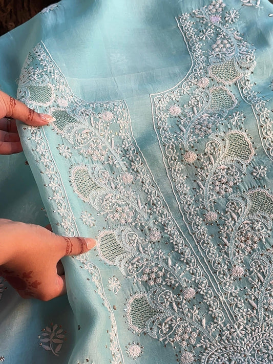 Ice Blue Noor Organza Silk Chikankari With Kamdani Fabric