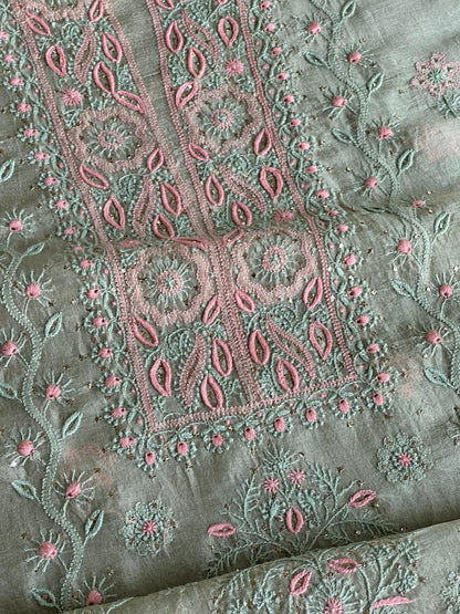 Olive Green Noor Organza Silk Chikankari With Kamdani Fabric