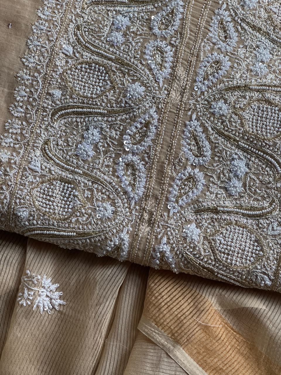 Beige Shade Banarasi Zari Chanderi Unstitched Chikankari Fabric