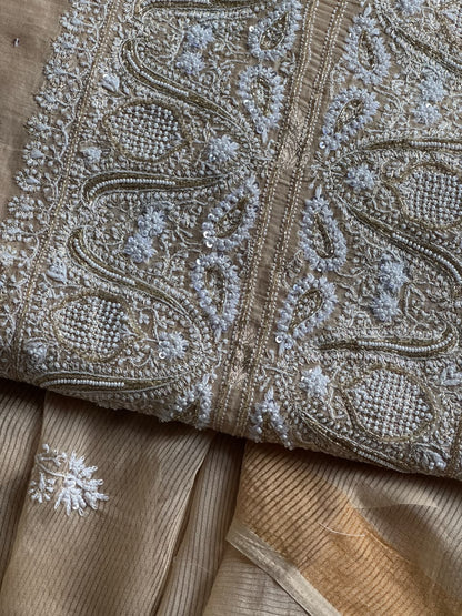 Beige Shade Banarasi Zari Chanderi Unstitched Chikankari Fabric