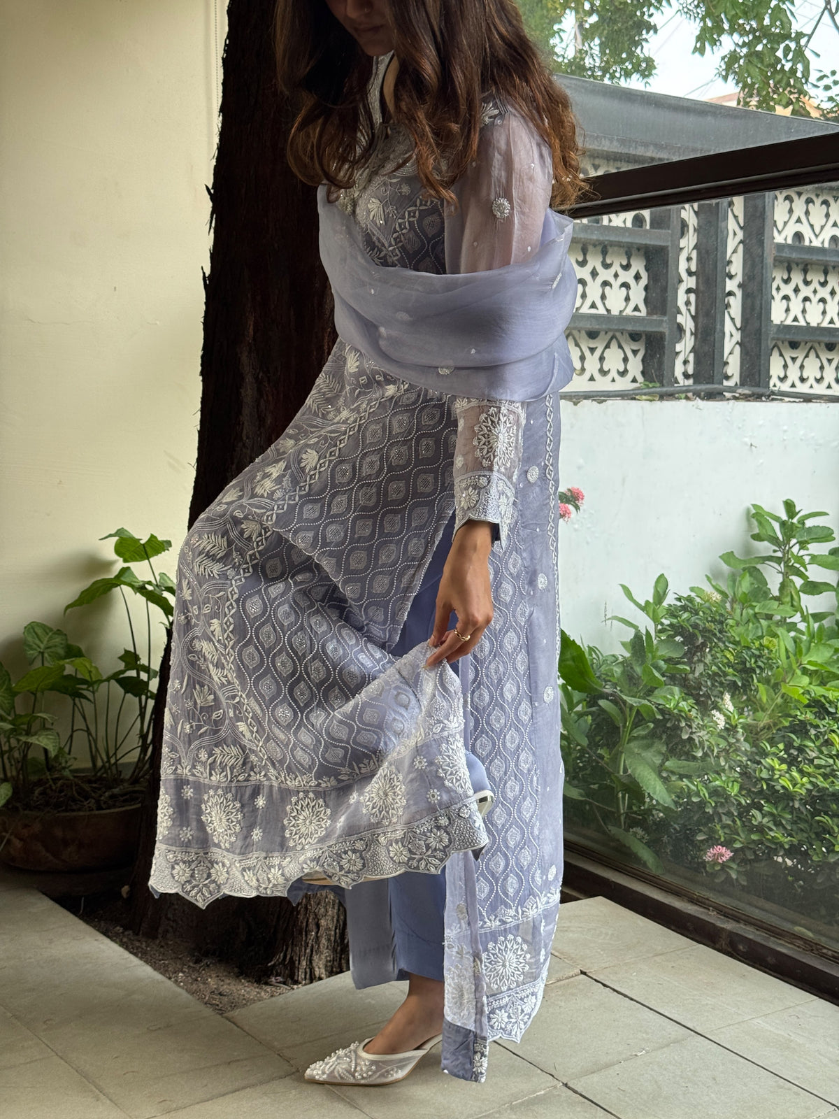 Mauve Blue Shade Cutwork Noor Organza Chikankari Anarkali