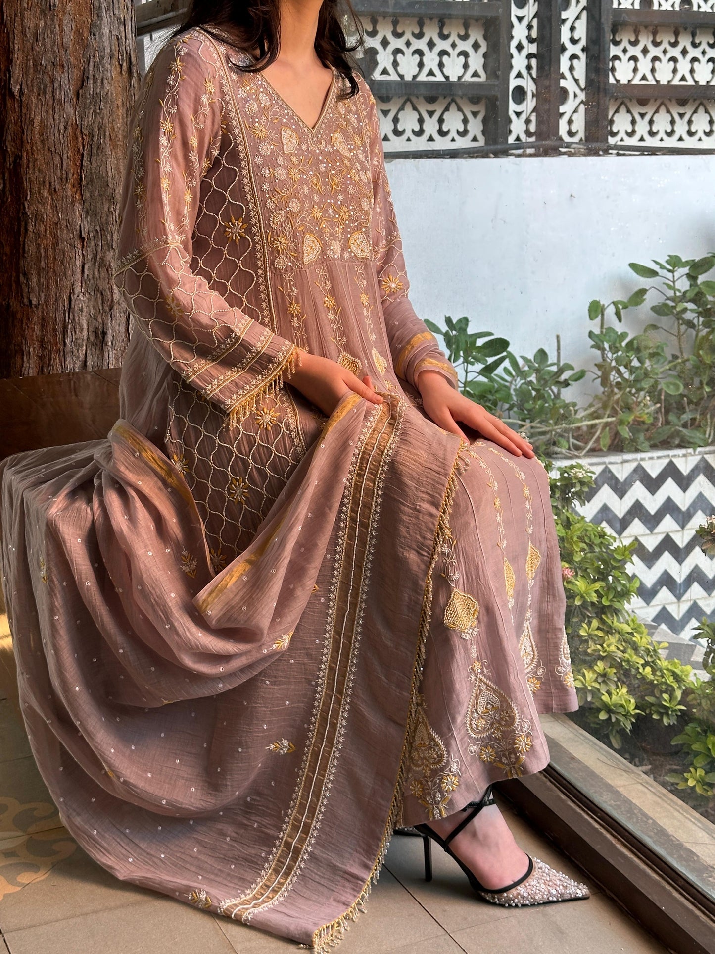 Mauve Shade Malmal Pearl Work Chikankari Kalidar Kurta Set
