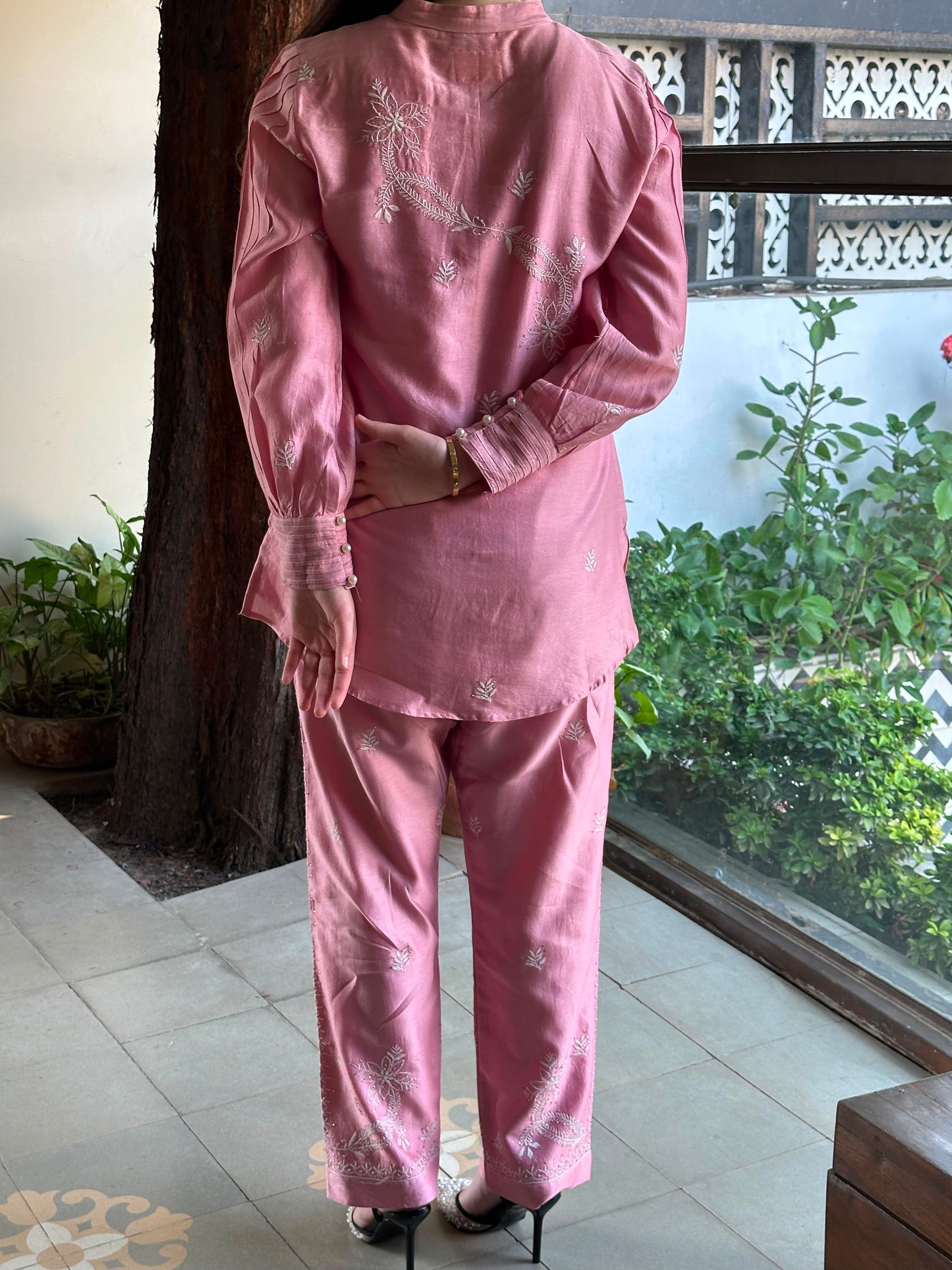 Pink Chanderi Chikankari Co-Ord Set