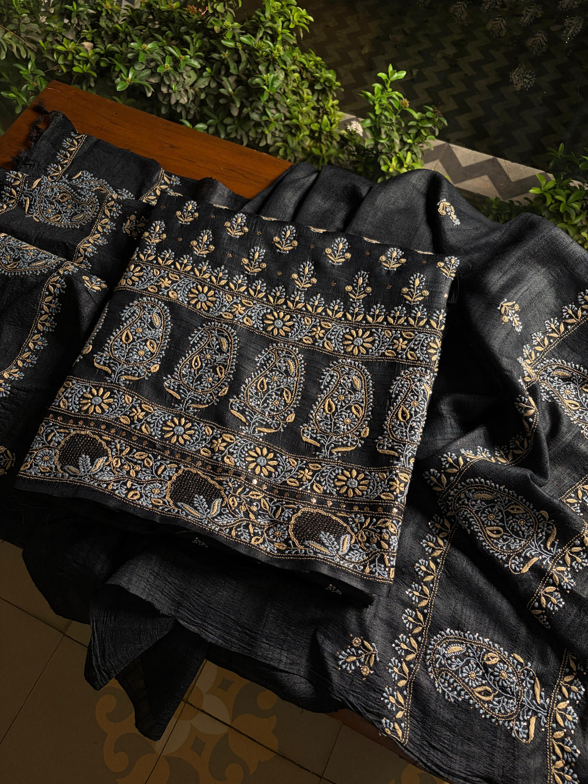 Black Shade Roheen Tussar Silk Chikankari Fabric