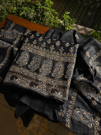 Black Shade Roheen Tussar Silk Chikankari Fabric