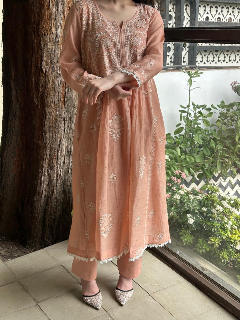 Peach Shade Malmal Mukaish Kamdani Kurta Set
