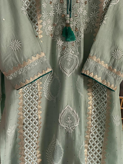 Sea Green & Teal Shade Chanderi Daraz Applique Chikankari Mukaish Kurta Dupatta Set