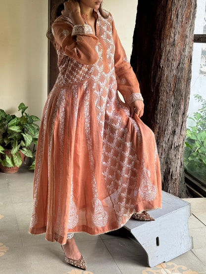 Coral Peach Shade Tissue Silk Chikankari Work Kalidar Kurta Dupatta Set