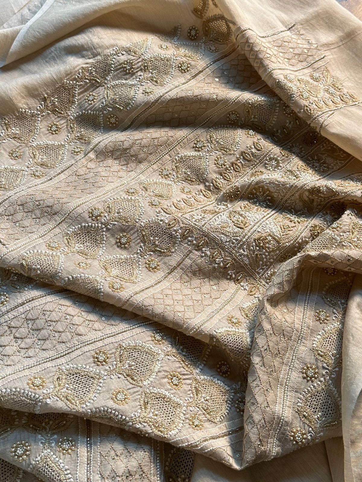 Natural Moonga Silk Chikankari Unstitched Fabric