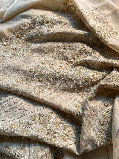 Natural Moonga Silk Chikankari Unstitched Fabric