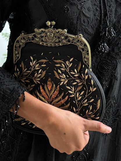 Black Raw Silk Vintage Ari Mukaish Sling Bag