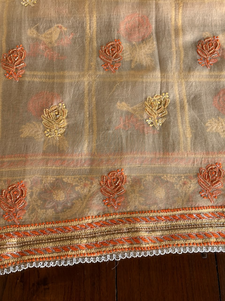 Dark Beige Organza Banarasi Silk Chikankari Unstitched Kurta Dupatta Set